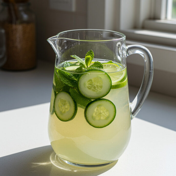 Homemade cucumber mint pink salt hydration refresher in glass pitcher