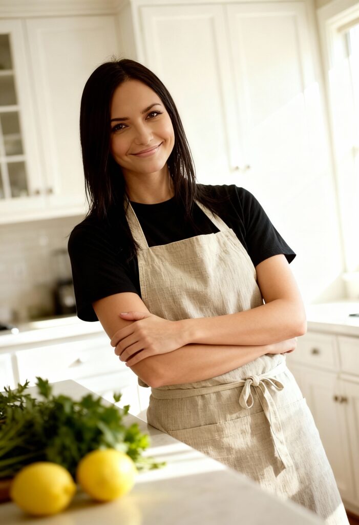 Salt clarity professional kitchen cleaning service, woman in apron smiling in bright kitchen.