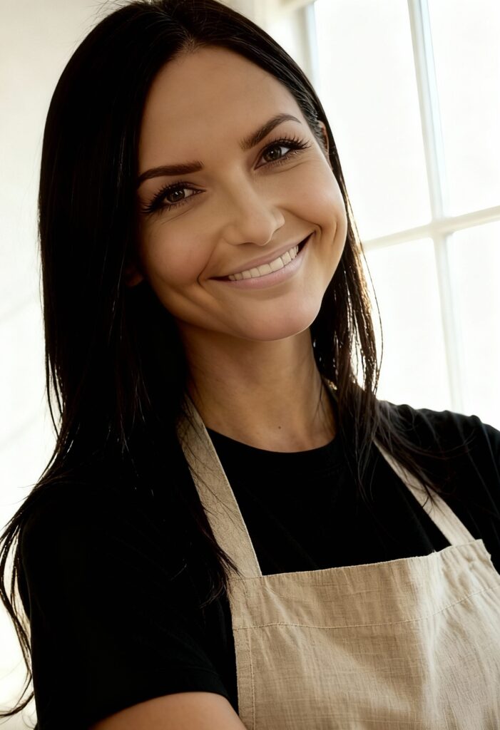 Molina Msggie, female chef in early 30s, smiling in a sunlit white kitchen, linen apron, lemons and herbs on counter