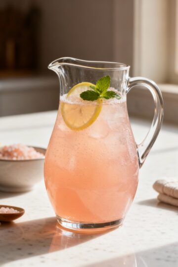 Pink Himalayan salt electrolyte drink in a glass pitcher with lemon