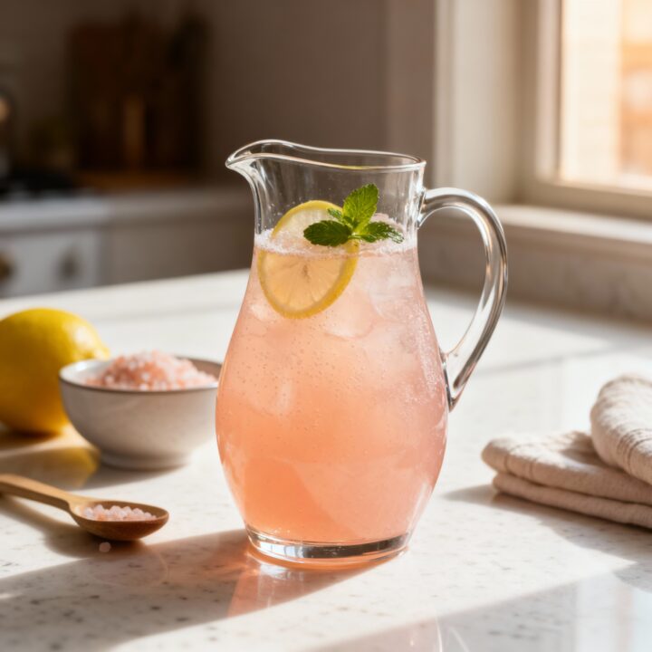 Pink Himalayan salt electrolyte drink in a glass pitcher with lemon