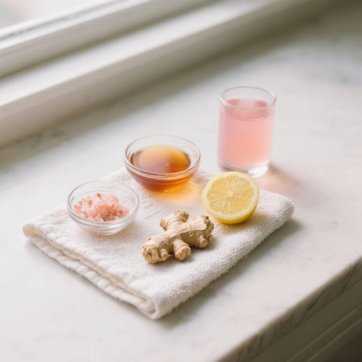 Apple cider vinegar and pink Himalayan salt tonic ingredients flat lay