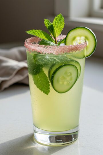 Cucumber mint pink salt hydration refresher in a glass