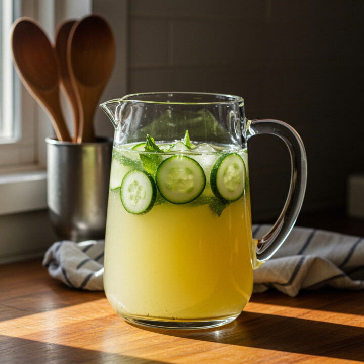 Cucumber mint pink salt hydration refresher in rustic glass pitcher