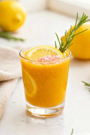 A vibrant ginger turmeric lemon wellness shot in a glass