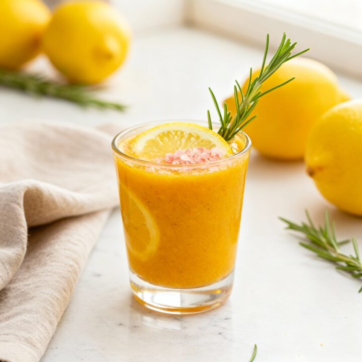 A vibrant ginger turmeric lemon wellness shot in a glass