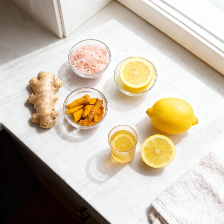 Fresh ginger turmeric lemon pink salt shot ingredients arranged neatly