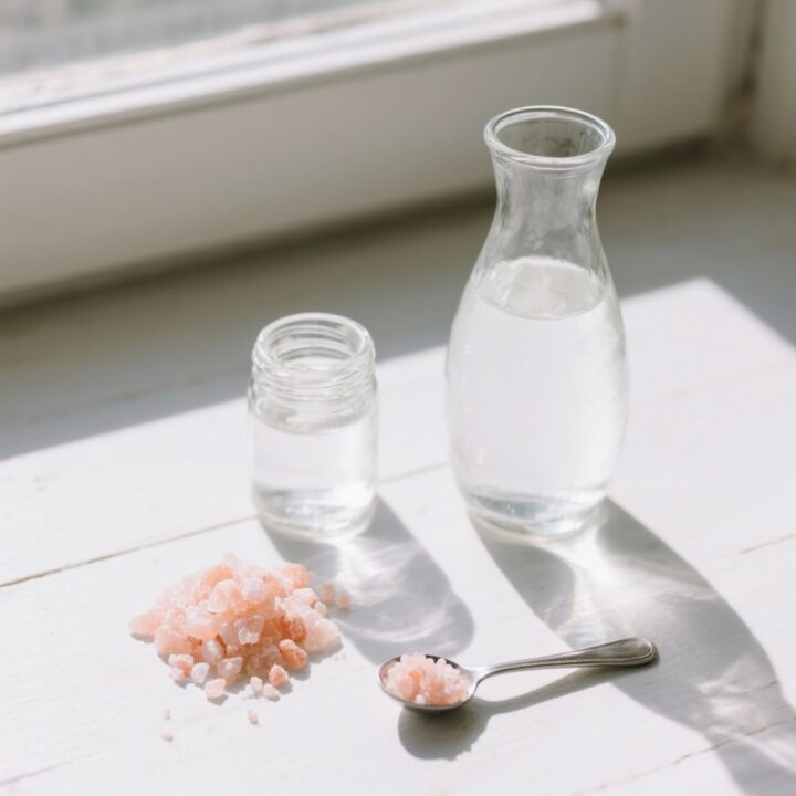 Overhead flat lay of Himalayan pink salt chunks, a glass jar, filtered water, and a measuring spoon on a white surface, Himalayan Pink Salt Weight Loss Recipe