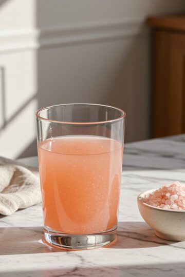 Himalayan Pink Salt Weight Loss Drink served in a clear glass on a marble counter with soft daylight and Himalayan salt beside it.