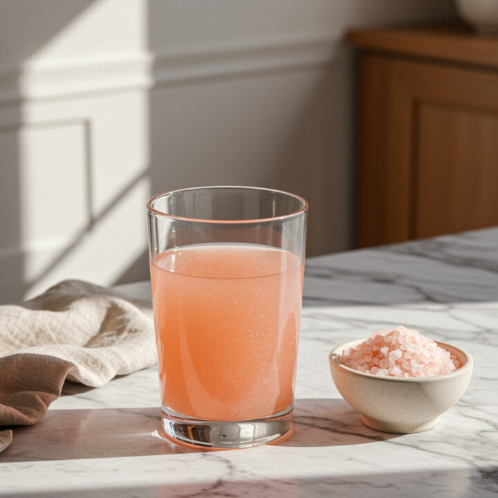 Himalayan Pink Salt Weight Loss Drink served in a clear glass on a marble counter with soft daylight and Himalayan salt beside it.
