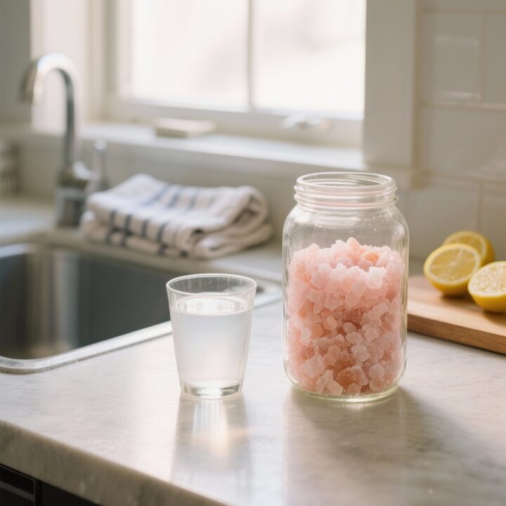 Ingredients for Himalayan Pink Salt Weight Loss Drink including pink salt crystals, filtered water, and a glass jar on a white surface.