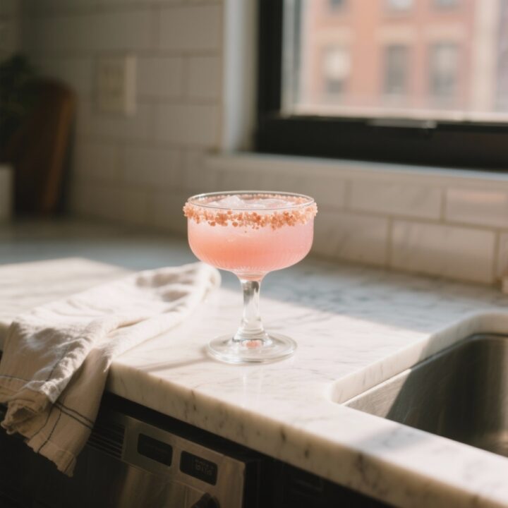 Himalayan Pink Salt Weight Loss Drink served in a different glass on a white quartz counter in a real NYC kitchen with warm daylight and soft shadows.