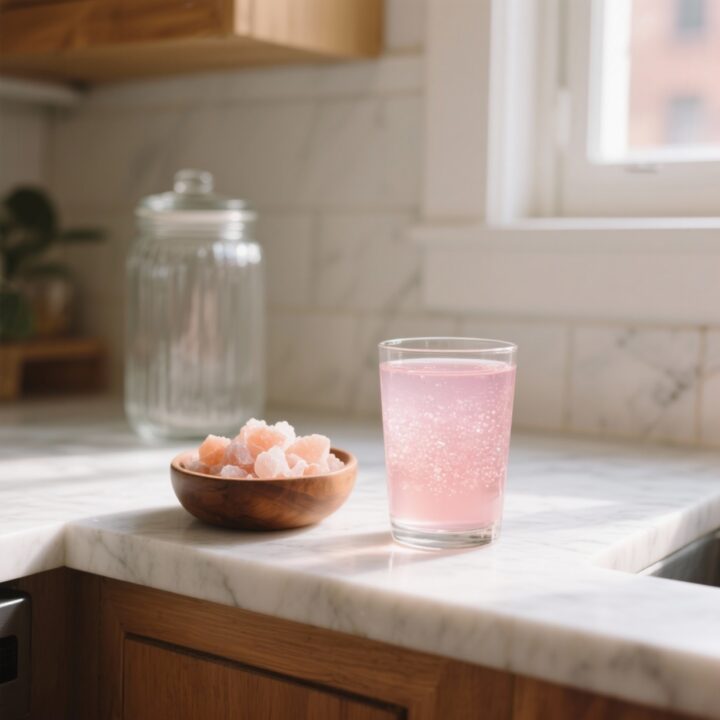 Hand holding a glass of Himalayan pink salt sole water in warm morning sunlight, cozy home kitchen background. Himalayan Pink Salt Weight Loss Recipe