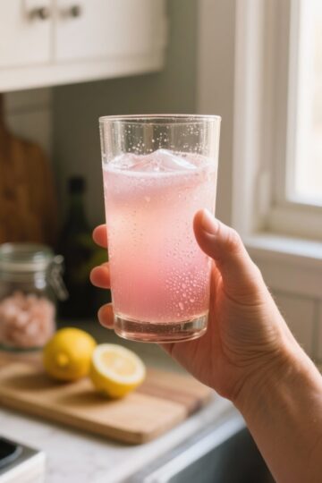 Himalayan Pink Salt Weight Loss Recipe Hydration Elixir made with in a clear glass on a white marble counter with soft morning light.