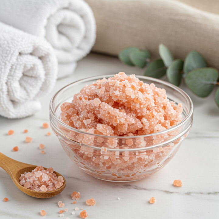 Invigorating Pink Himalayan Salt Body Scrub for Skin Renewal in a glass bowl with wooden spoon on a white marble surface.