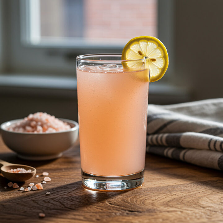 Homemade pink Himalayan salt electrolyte drink in glass