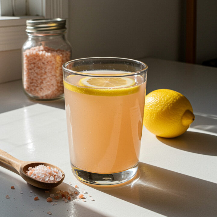 Pink Himalayan salt lemon water recipe in natural light.