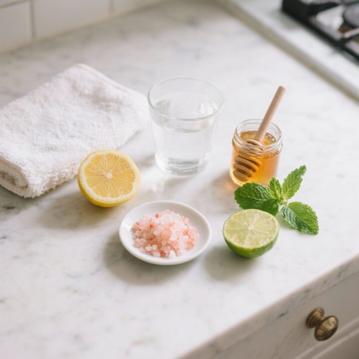 Pink Himalayan salt electrolyte drink ingredients on marble counter