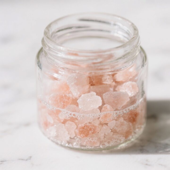 Close-up of Himalayan pink salt crystals dissolving in water inside a clear glass jar. Pink Salt Sole Water Recipe