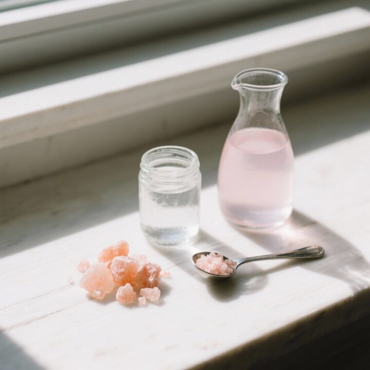 Overhead photo showing Himalayan pink salt crystals, a small jar with water, a carafe, and a teaspoon on a white surface. Pink Salt Sole Water Recipe
