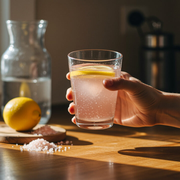 Hand holding a glass of Pink Salt Sole Water in warm morning sunlight with a cozy kitchen background. Pink Salt Sole Water Recipe