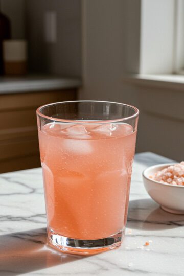 Glass of pink-tinted sole water on a white marble counter with Himalayan pink salt beside it. Pink Salt Sole Water Recipe