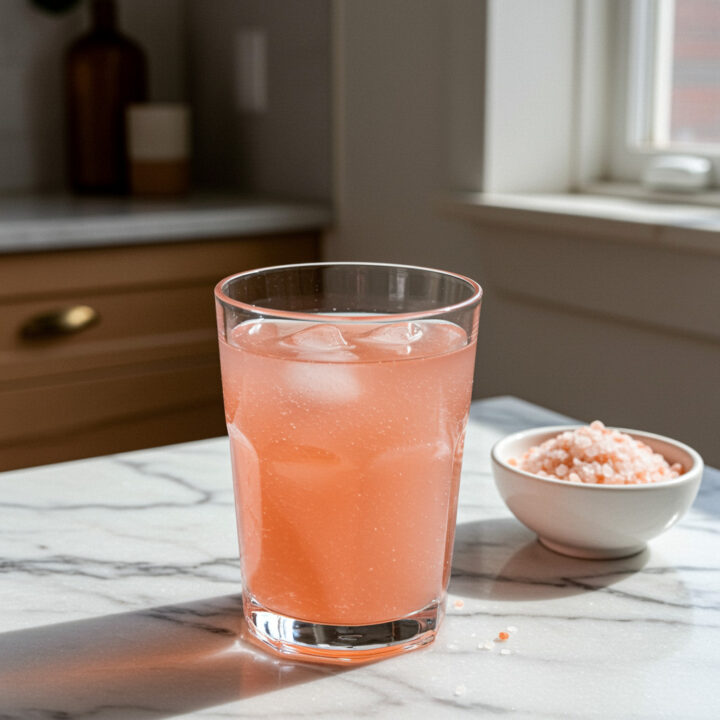 Glass of pink-tinted sole water on a white marble counter with Himalayan pink salt beside it. Pink Salt Sole Water Recipe