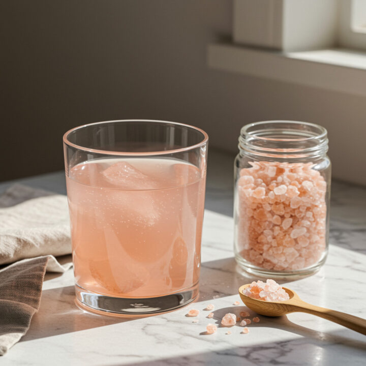 The Hydrating Pink Himalayan Salt Sole Drink in a clear glass beside a jar of pink salt crystals on a bright kitchen counter.