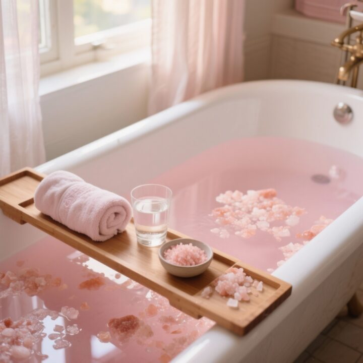 The Rejuvenating Pink Himalayan Salt Detox Bath with pink-tinted bathwater and salt crystals along a white tub in warm daylight.