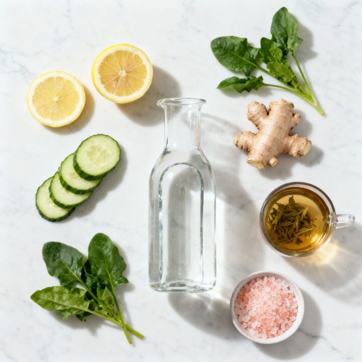 Fresh detox ingredients arranged on a white marble surface for a 24-hour detox plan.