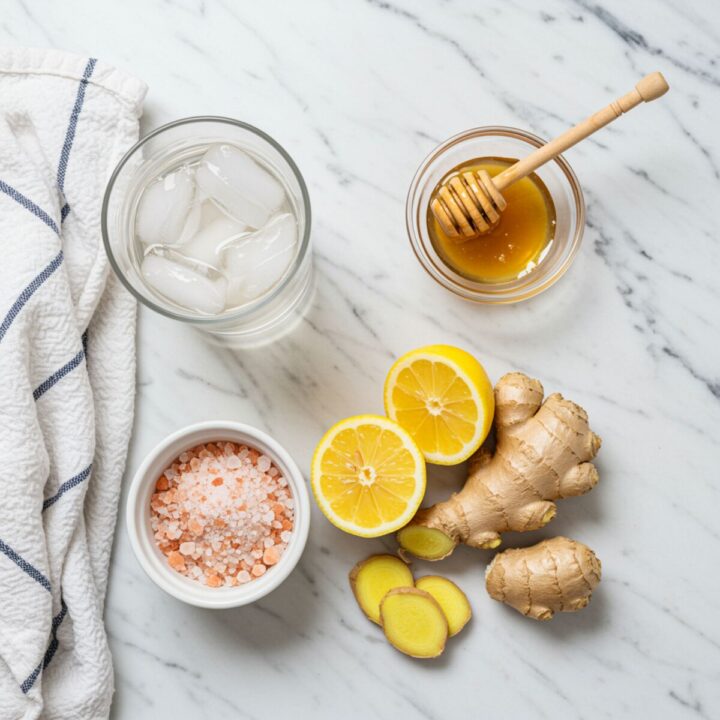 Fresh ingredients for Pink Salt Cleanse versus Electrolyte Support recipe.