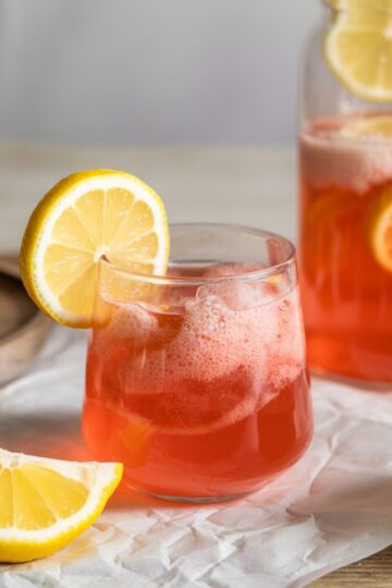 Homemade pink Himalayan salt electrolyte drink for endurance runs.