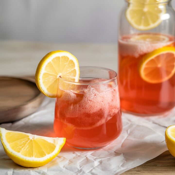 Homemade pink Himalayan salt electrolyte drink for endurance runs.