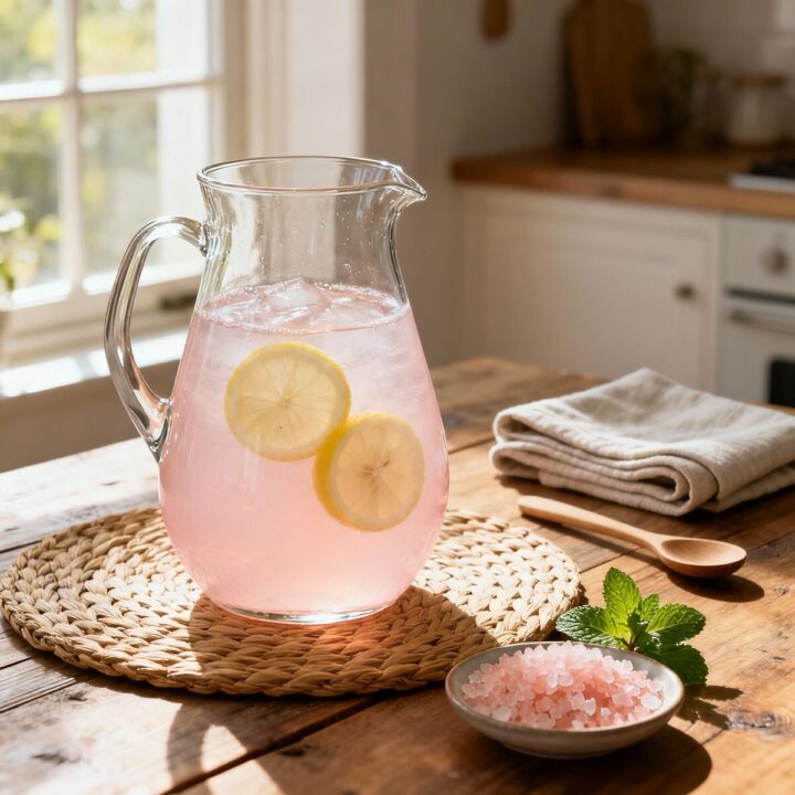 pink electrolyte drink with lemon slices in a glass pitcher
