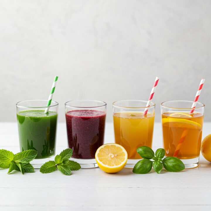 A lineup of green juice, smoothies, broth, and detox drinks for a liquid-based 24-hour detox.
