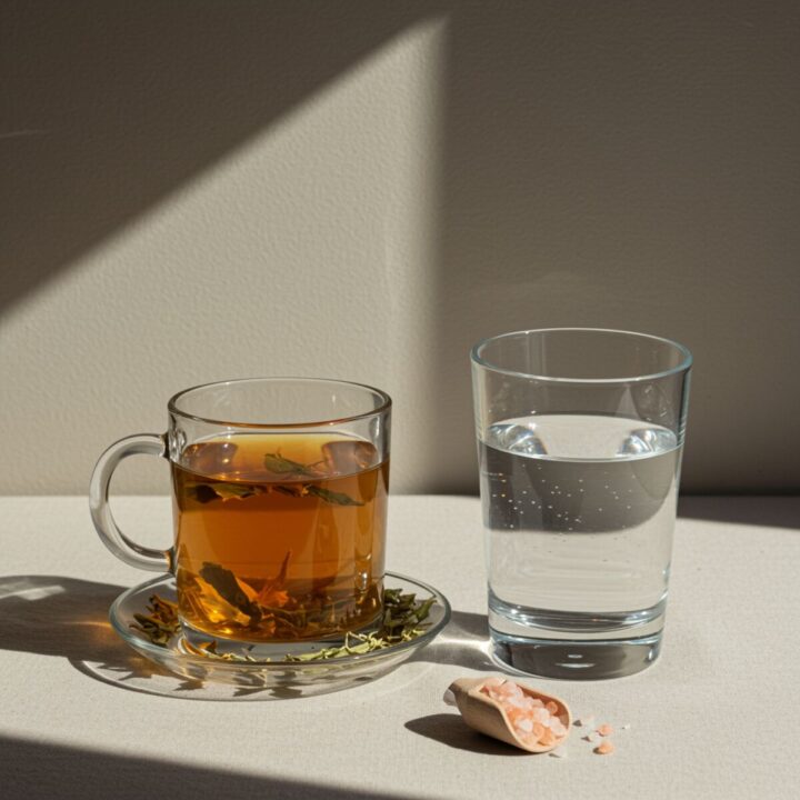 Herbal tea and pink salt water to support a 24-hour intermittent fasting detox method.
