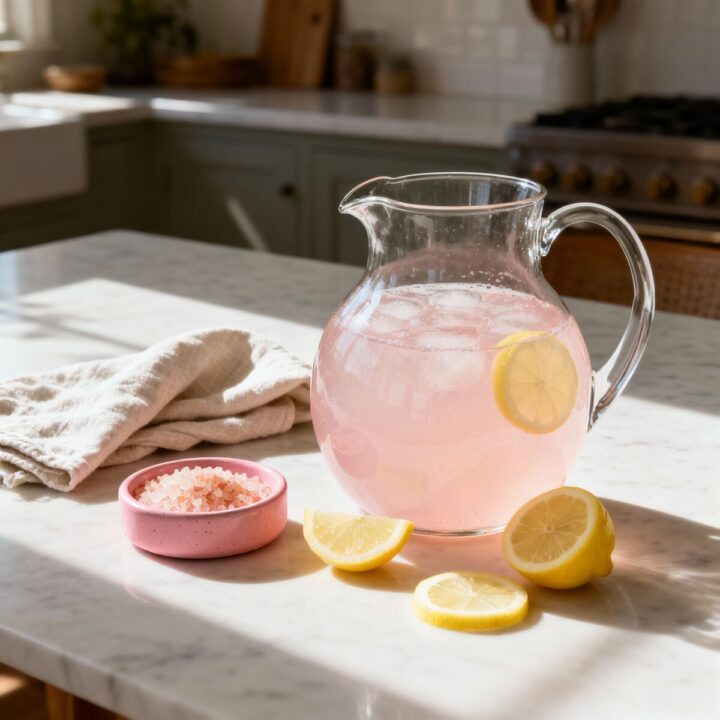A pale pink electrolyte drink with lemon slices in a glass pitcher