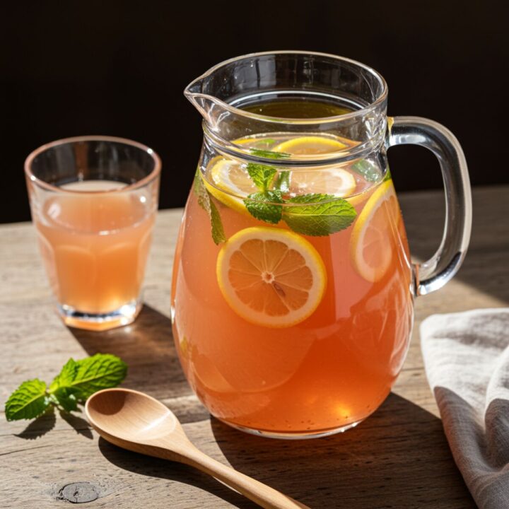 tall glass of pink Himalayan salt electrolyte drink with lemon slices and mint.