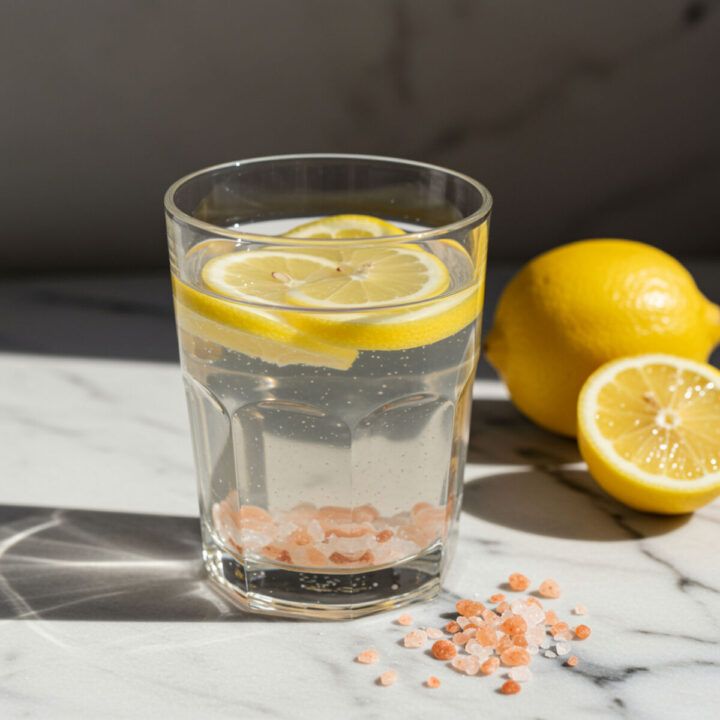 Fresh detox water made with lemon slices and pink Himalayan salt on a white marble surface.