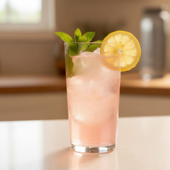 Pink Himalayan salt fasting drink with lemon and mint garnish