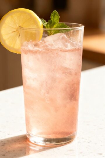 Pink Himalayan salt fasting drink with lemon and mint garnish