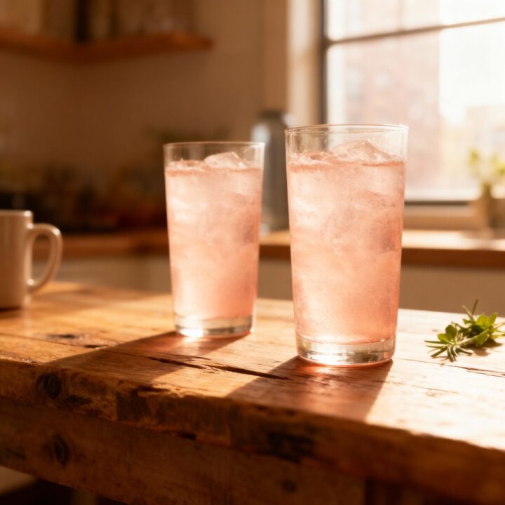 Amateur style side angle photo of Pink Himalayan Salt Fasting Drinks in Molina Msggie NYC kitchen setup, iPhone 16 Pro shot. Show drinks in simple glasses on a rustic wooden table with warm daylight from a window. Include subtle kitchen background hints like a folded dish towel, a wooden spoon, a mug, or a few herbs nearby. Keep it natural and inviting with a clean composition, no clutter, no over editing. Highlight appetizing textures and vibrant true to life colors with shallow depth of field for a cozy homemade look. Avoid steam, text overlays, labels, or packaging. Style the dish as Molina would: thoughtful but relaxed, flavor first, and ready to share, like Sunday afternoon cooking in a small bright NYC kitchen.
