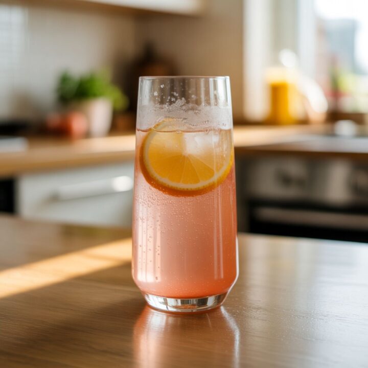 Pink Himalayan salt pre workout drink in a rustic kitchen setting.
