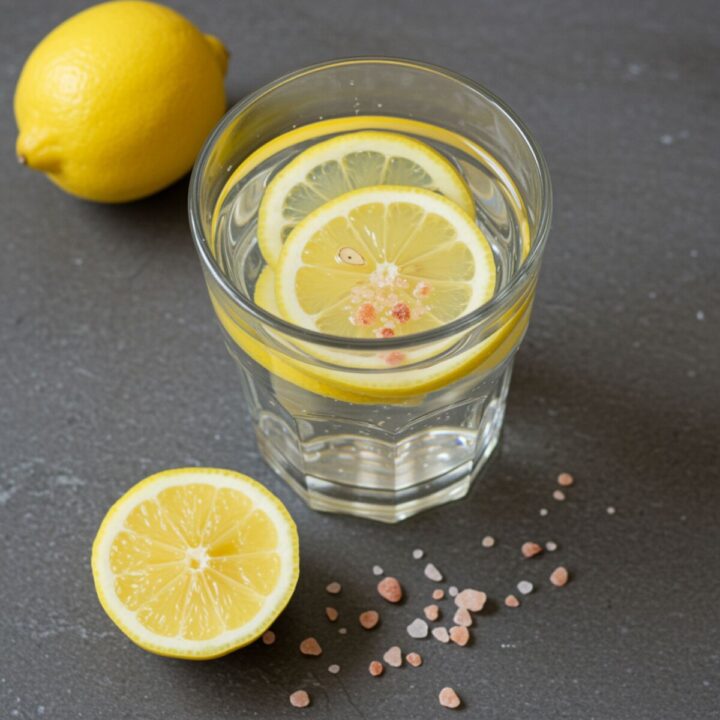 Glass of lemon water with pink Himalayan salt for hydration during a 24-hour detox.