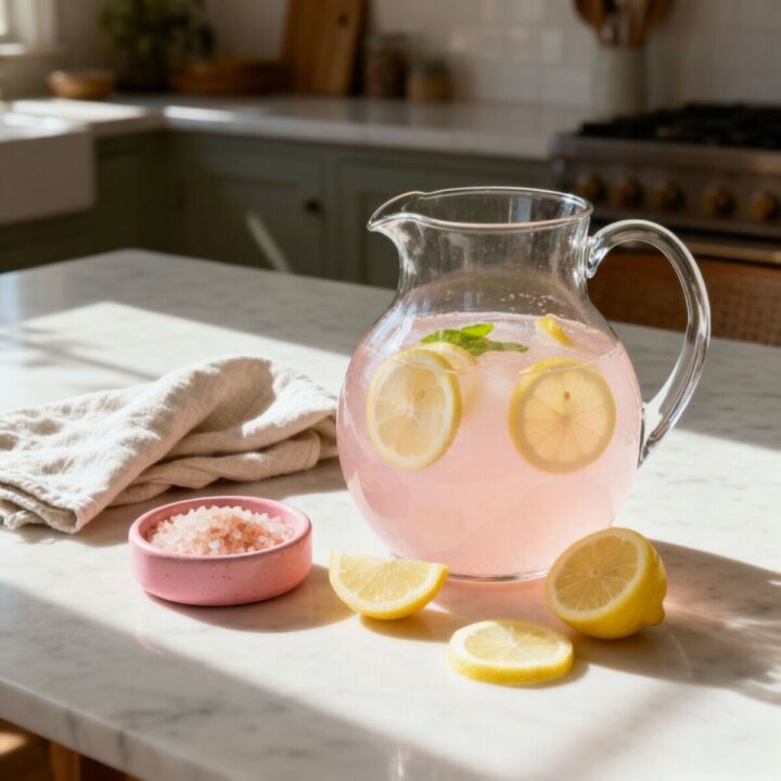 Homemade pink Himalayan salt electrolyte drink in a glass jar