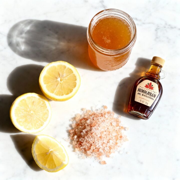 Fresh pink Himalayan salt pre workout drink ingredients on marble counter