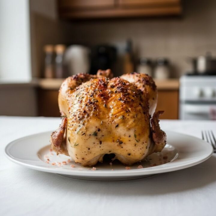 Juicy Himalayan pink salt chicken on rustic wooden cutting board.