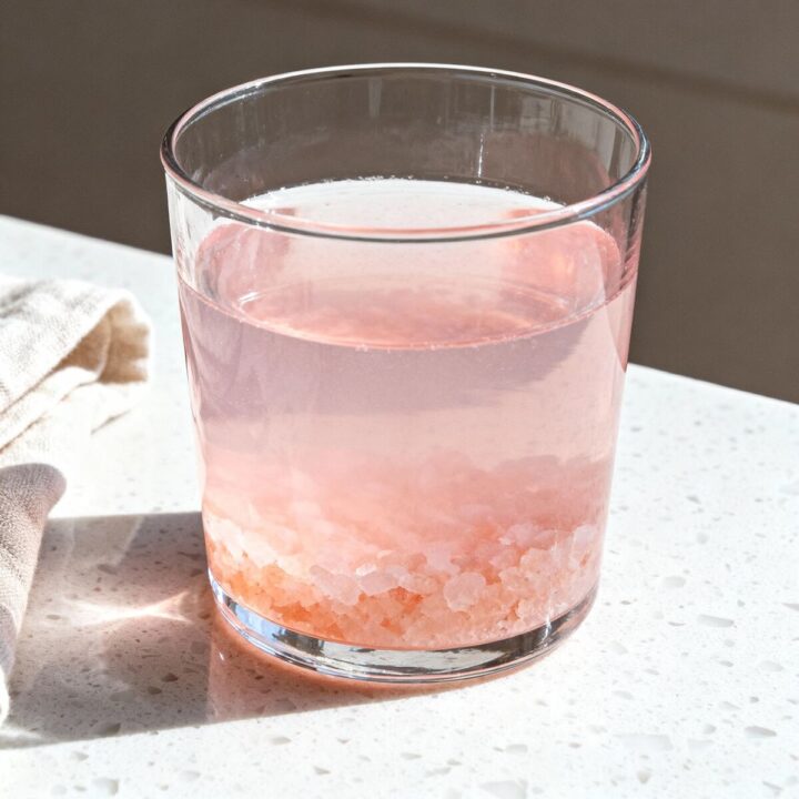 Pink salt sole water recipe in a clear glass with salt crystals