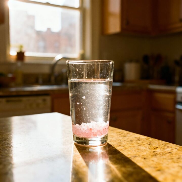 Pink salt sole water drink in a clear glass on kitchen counter.