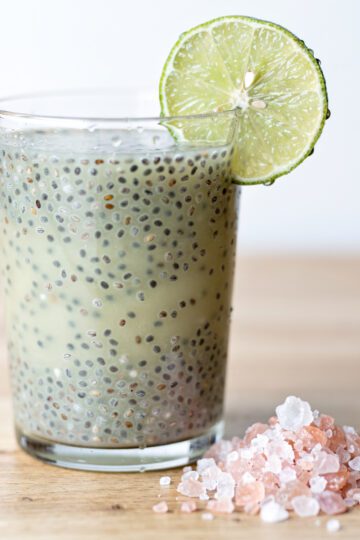Refreshing chia hydration drink with pink salt and fresh lime slice